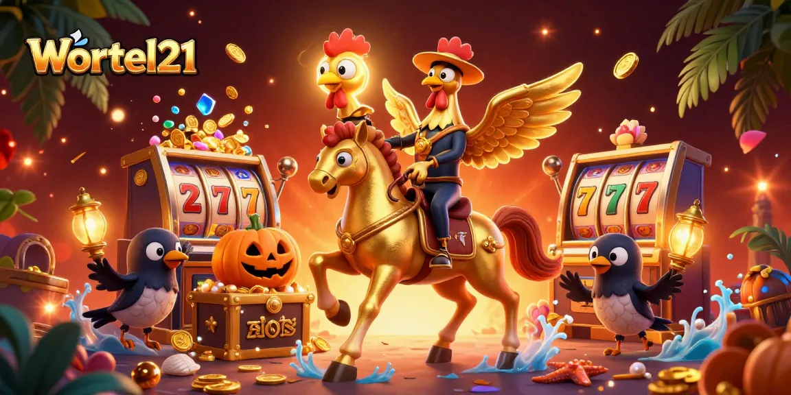 Wortel21 lights up the casino scene with a golden rooster and spectral horse amidst slot machines.