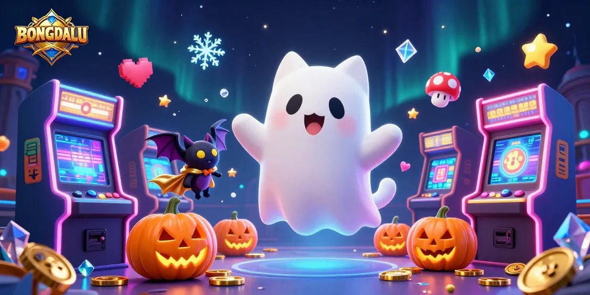 BONGDALU showcases a captivating scene with a ghost cat and bat in a haunted casino, surrounded by gaming elements.