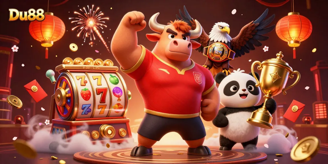 Engage with exciting Du88 slot gameplay featuring a victorious bull mascot, eagle, panda, and vibrant casino elements.