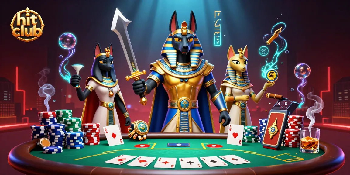 Spin the reels at Hit Club with Anubis and Bastet in a vibrant casino scene