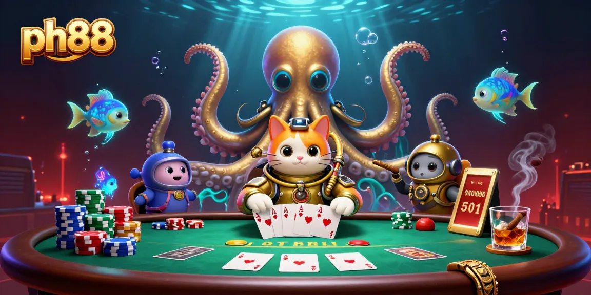 Engage with ph88's immersive casino world featuring a kraken and diving cat in a vibrant 3D scene