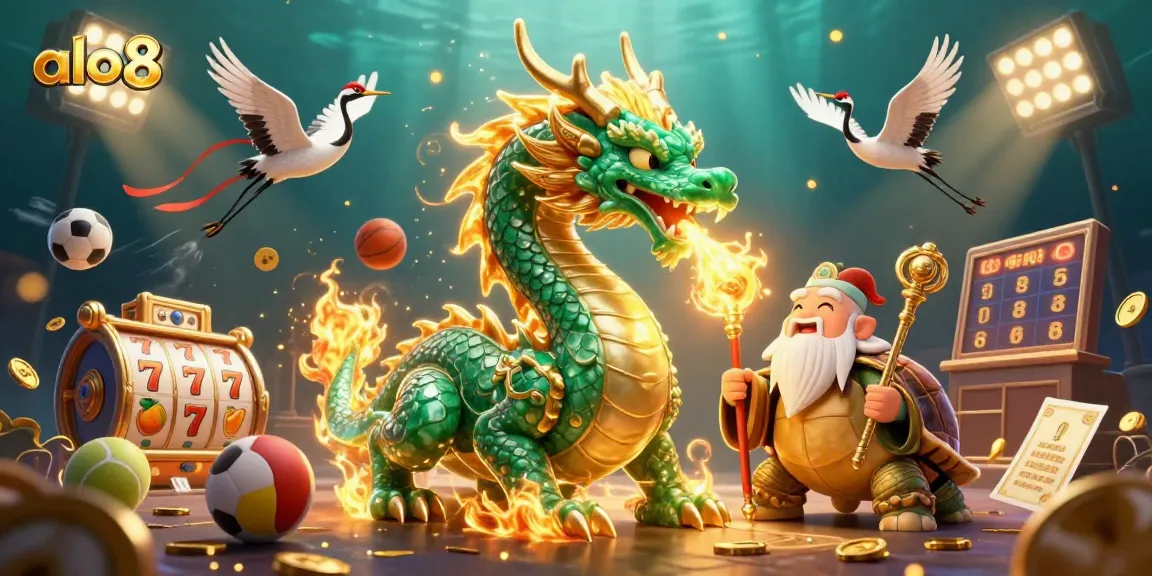 Experience the thrilling world of alo8 with a jade dragon and lucky cranes in a dynamic casino scene.