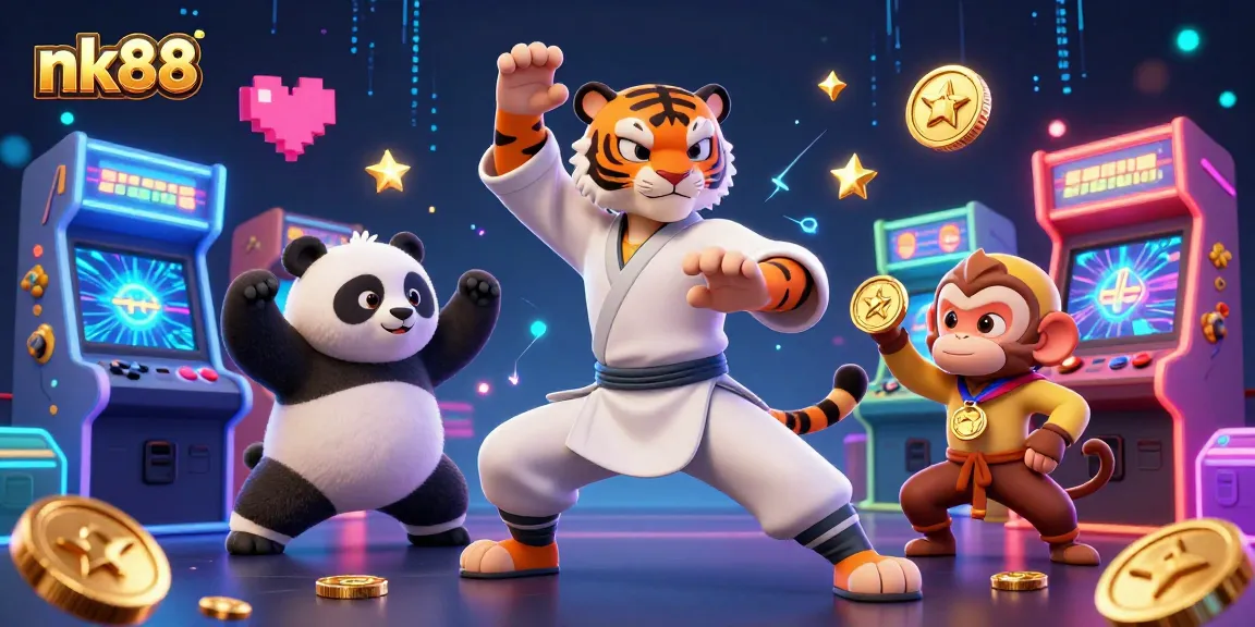 Experience thrilling online excitement with nk88 featuring a kung fu master and playful characters in a vibrant digital casino.