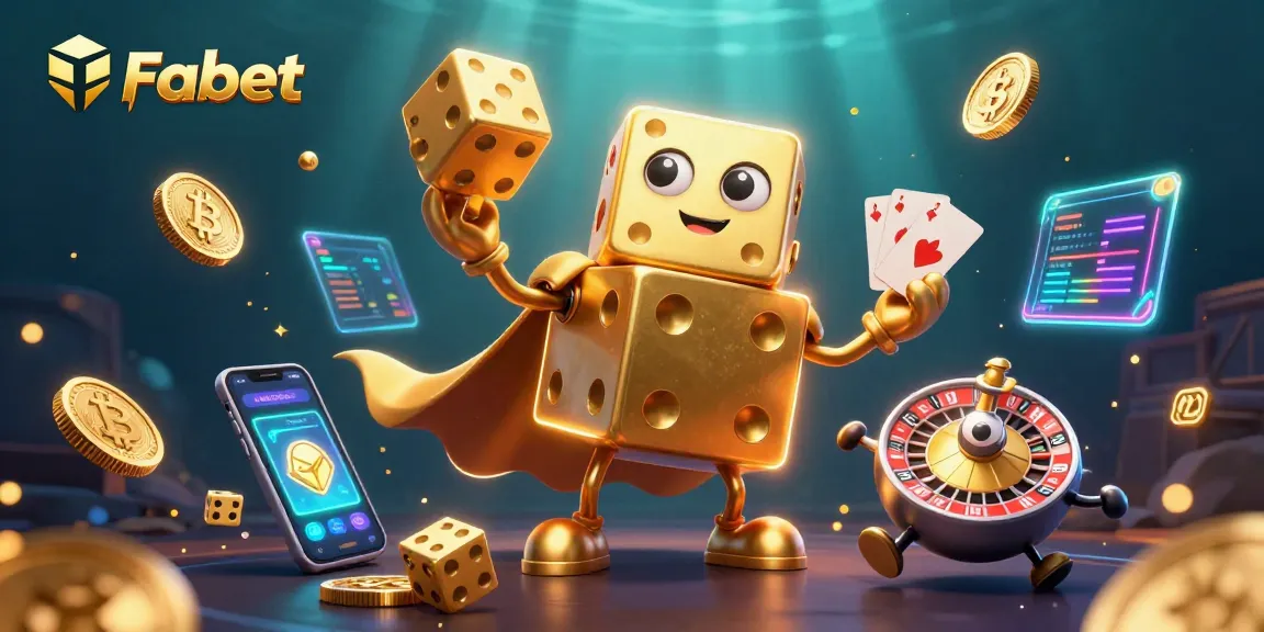 Win big with the vibrant Fabet casino scene featuring golden dice and glowing coins.