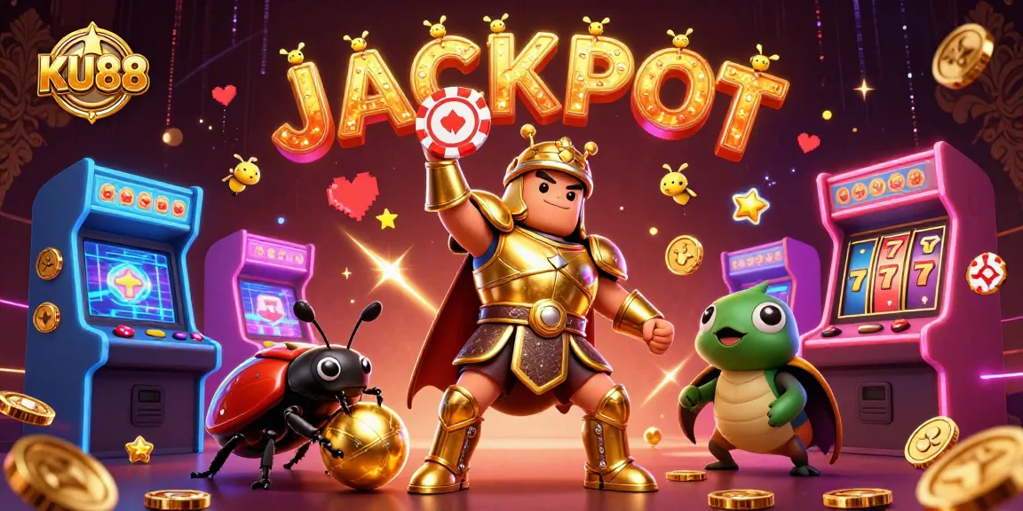Spin the reels at KU88, where a 3D beetle celebrates a jackpot with vibrant casino elements.
