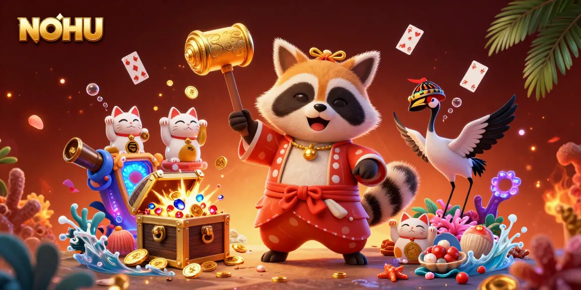 Engage with NOHU's vibrant casino scene featuring a joyful tanuki and fortune cats surrounded by treasures.