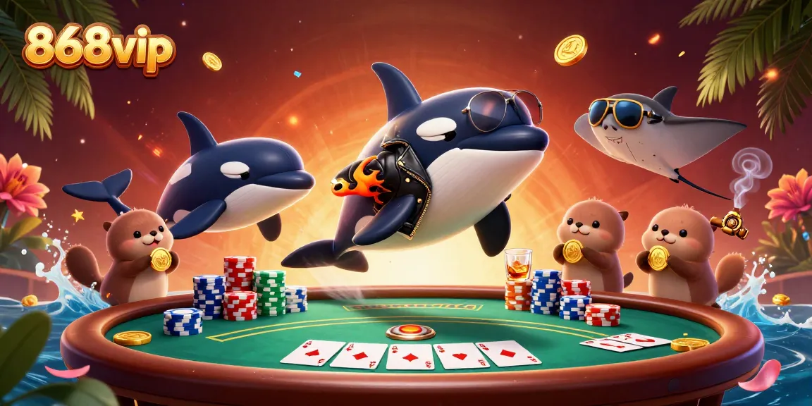 Engaging 868vip illustration depicting an orca whale, stingray, and otters enjoying a vibrant casino scene
