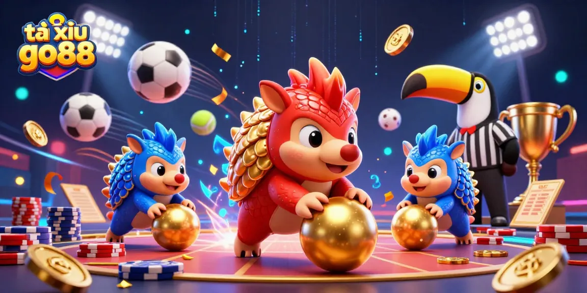 Tài xỉu go88 pangolins compete in a thrilling casino game amidst vibrant sports elements and exciting energy.