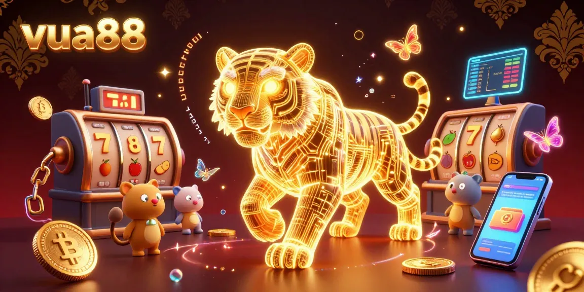 Engage with vua88's dynamic casino games, featuring vibrant visuals and crypto elements in a lively 3D scene.