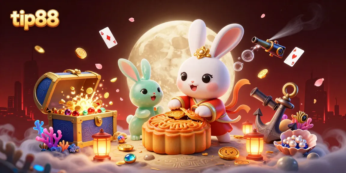 Experience the thrill of tip88 with a vibrant moon rabbit casino scene featuring poker chips and treasures.