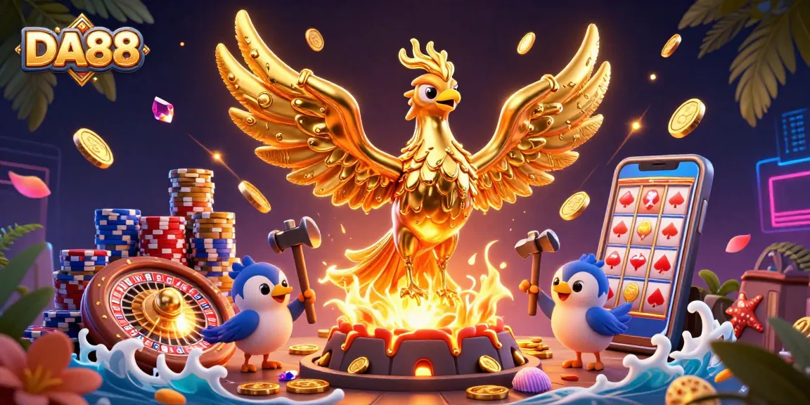 Bet on DA88 with golden phoenix winning big in this vibrant casino scene.