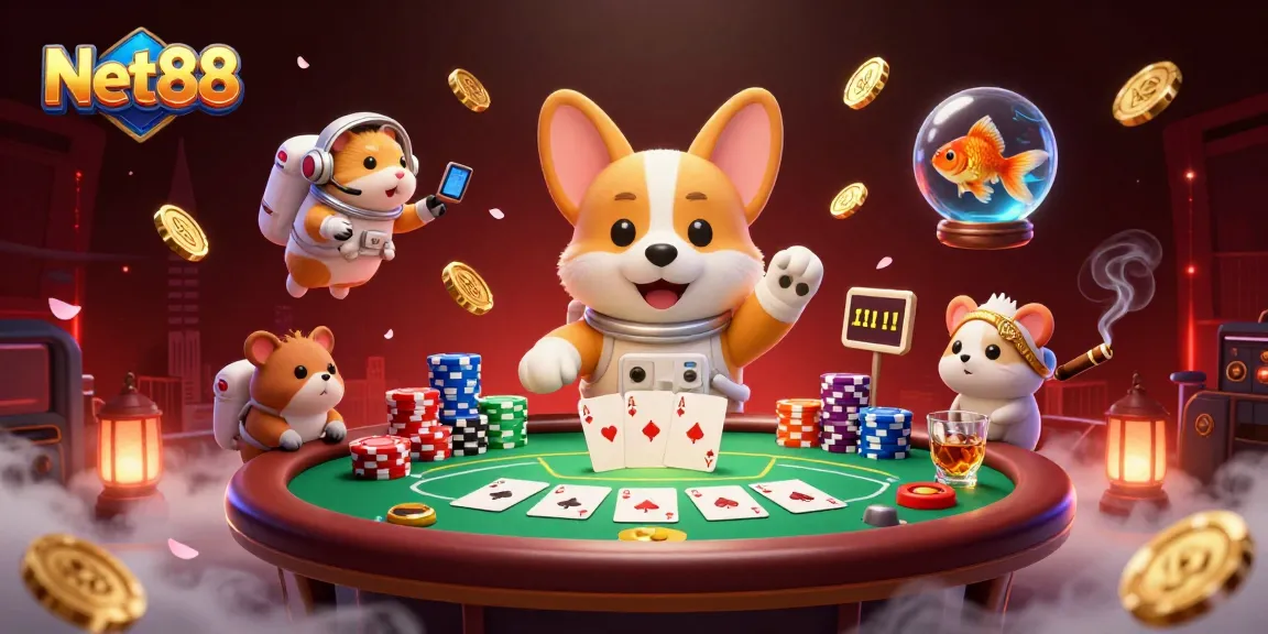 Experience the thrill at Net88's casino with a playful 3D corgi, vibrant chips, and floating elements.
