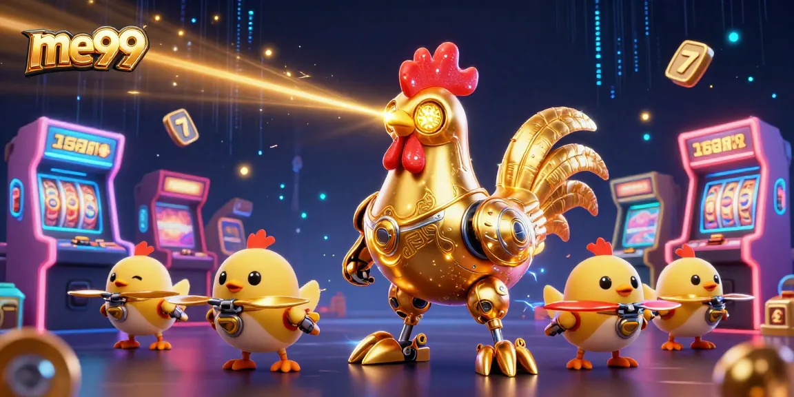 Experience thrilling gameplay with me99 featuring a golden rooster robot surrounded by arcade elements and slot reels.
