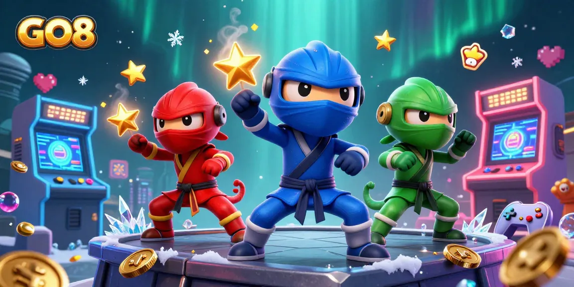 GO8 ninja chameleons performing martial arts on a rooftop, surrounded by arcade and casino elements