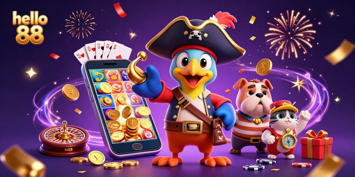 Experience thrilling gaming action at hello 88 with a pirate-themed slot adventure illustration.