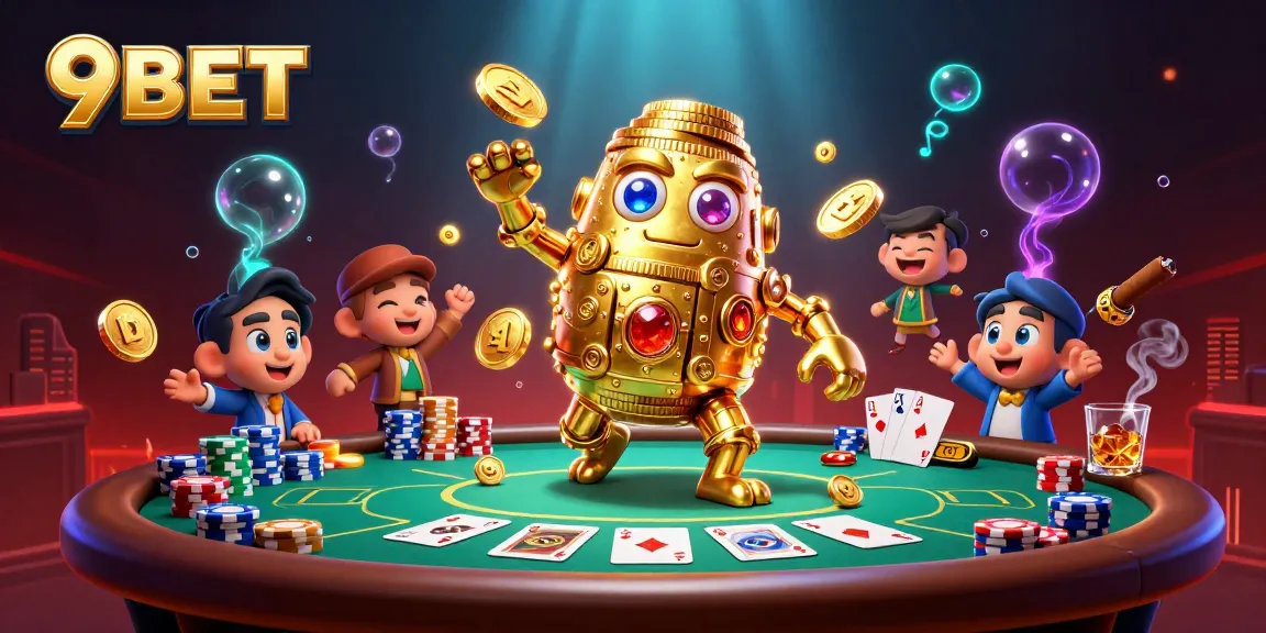 Engage with 9BET’s thrilling gaming experience through a dynamic casino scene showcasing a golden golem and poker elements.
