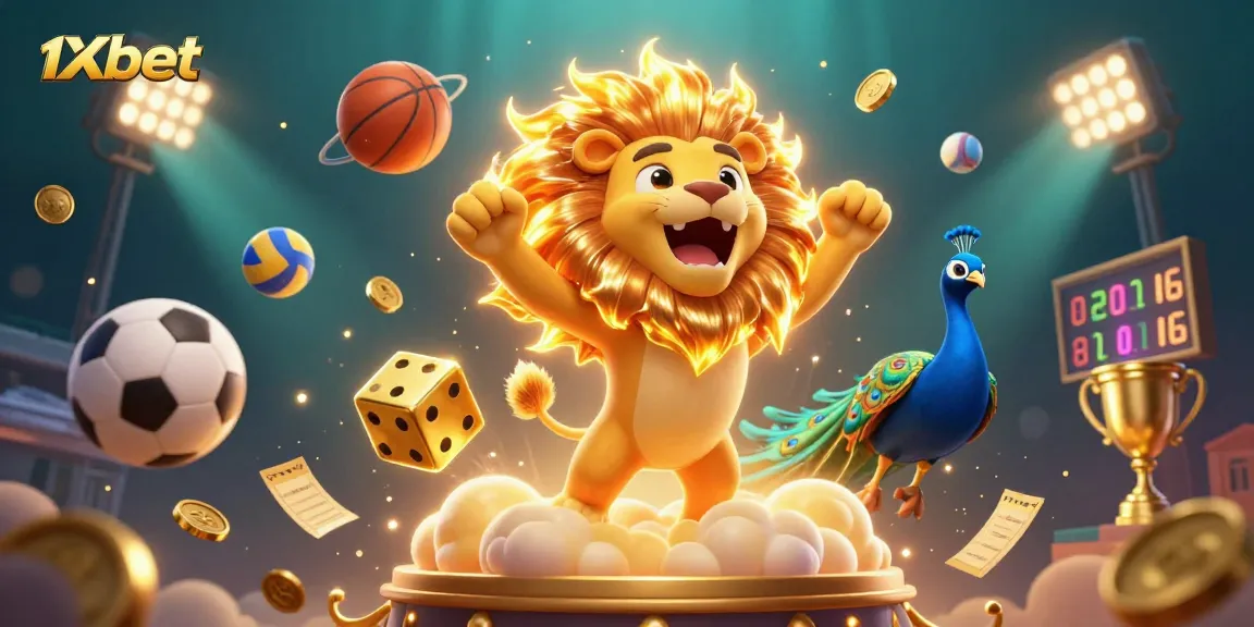 Engage with 1xbet's vibrant sports betting scene featuring dynamic sports balls and a triumphant sun lion.
