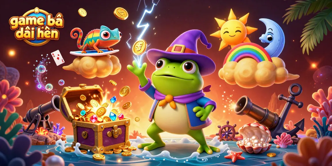 Experience the excitement of game bài đổi thưởng with a cartoon wizard frog conjuring golden coins and a chameleon surfing clouds.