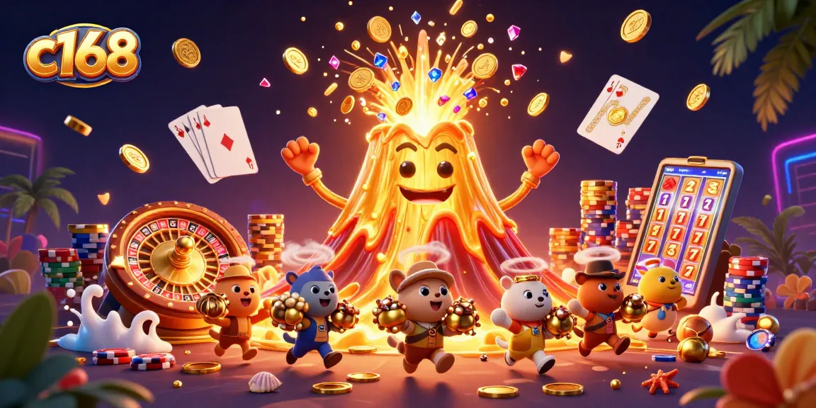 Experience the thrill of c168 as a golden volcano erupts with treasure amidst dynamic casino elements.
