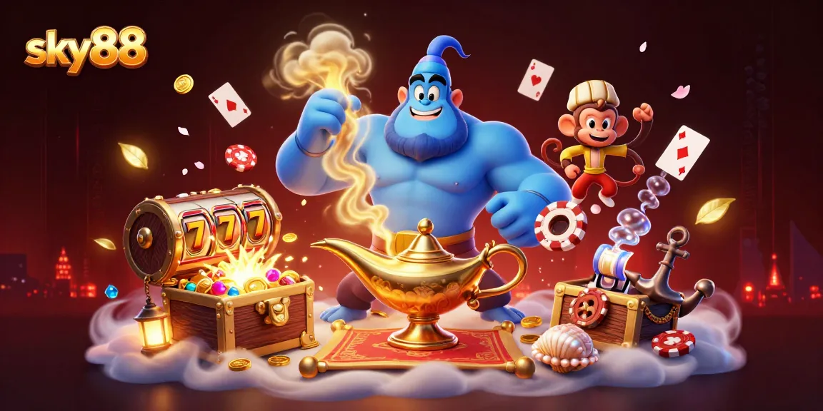 Play and win with sky88 at the vibrant casino, featuring a blue genie and dazzling slot elements.