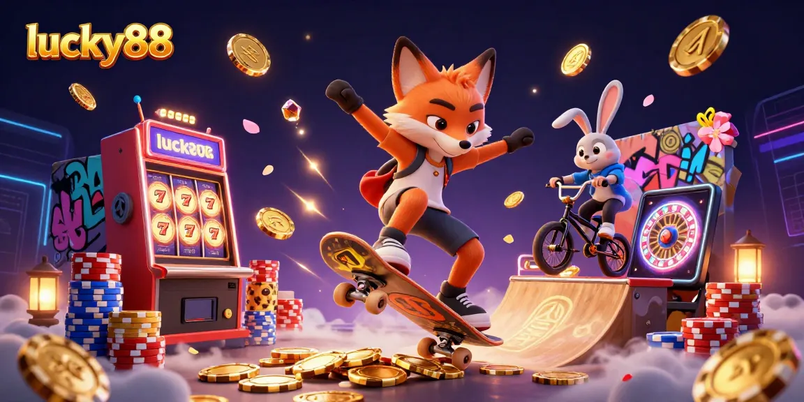 Experience lucky88 thrills with a skateboarder fox and bunny in a vibrant casino scene.
