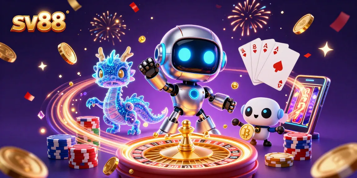 Experience thrilling wins at sv88 with a vibrant 3D casino scene showcasing exciting games and characters.