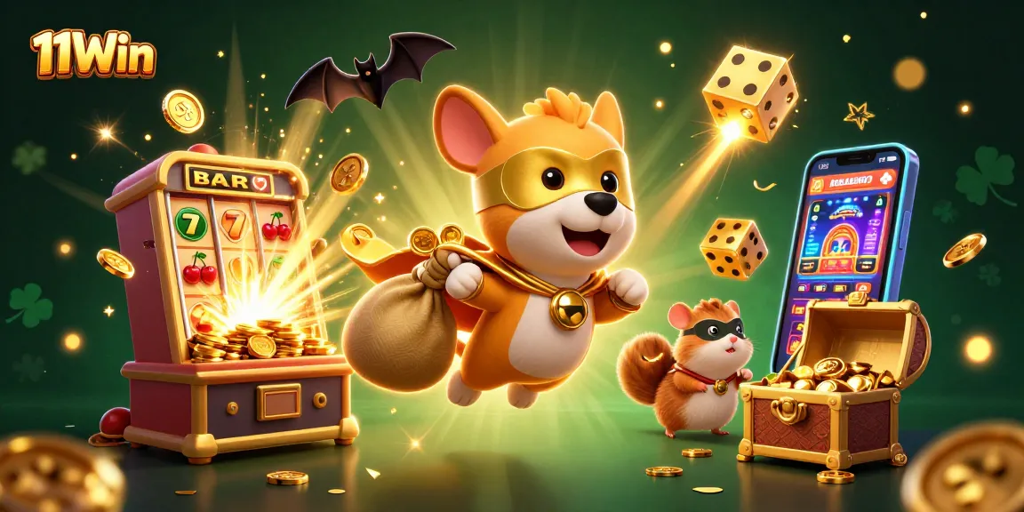 Win big with 11Win as the superhero dog and hamster navigate a casino adventure!