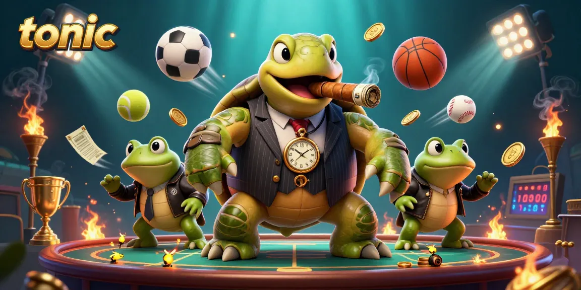 Experience the thrill of winning with tonic at an energetic online casino game featuring a mobster turtle and dynamic sports elements.