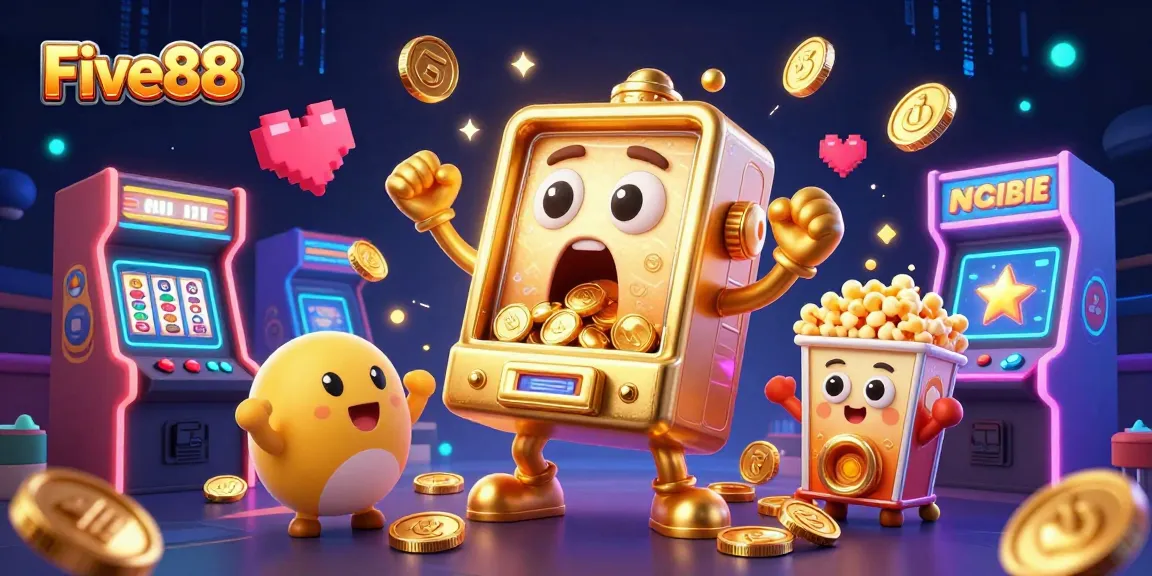 Five88 slots machine bursts coins while baby slots cheer, symbolizing jackpot excitement in a vibrant casino scene.