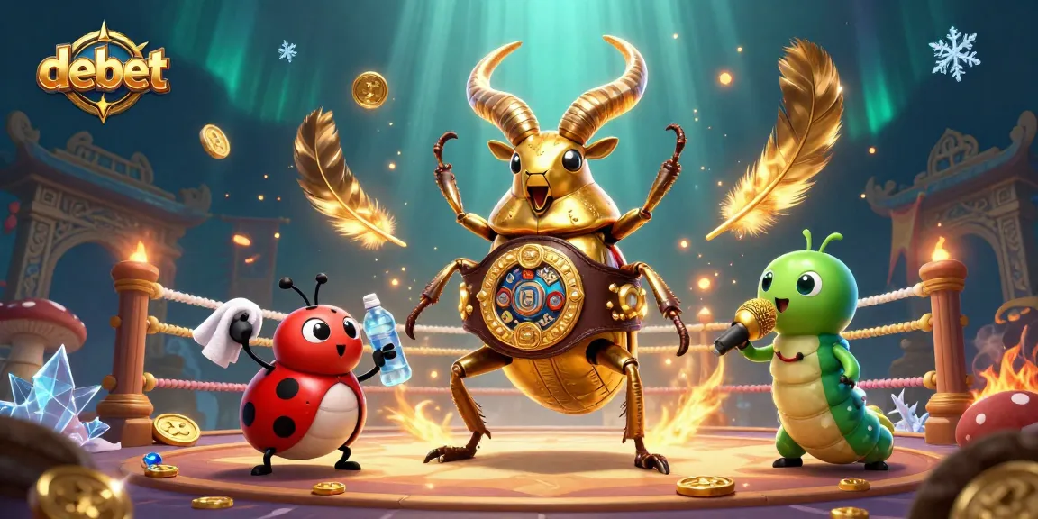 Engage in thrilling bets with debet's vibrant 3D casino scene featuring a giant beetle champion.