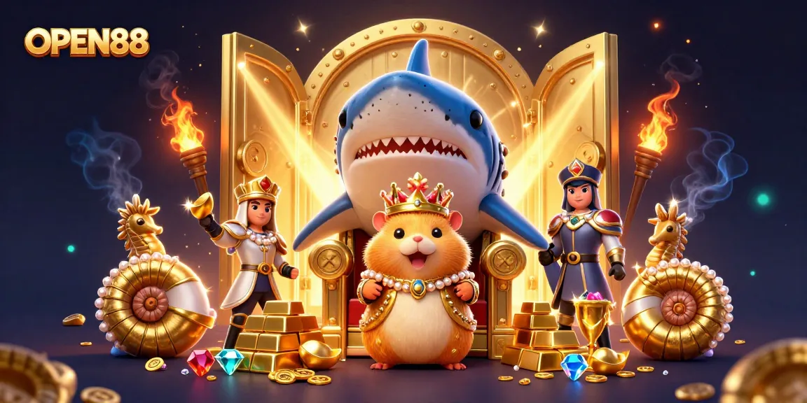 Experience vibrant gaming adventures with OPEN88's dynamic casino illustration featuring treasure and royal characters.