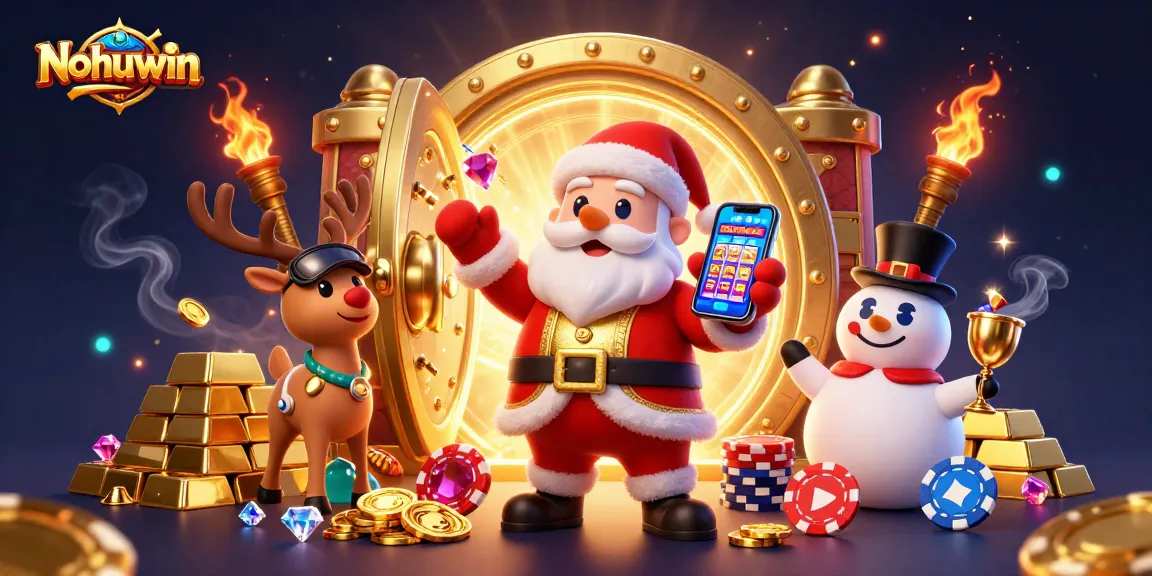 Nohuwin offers a vibrant gaming experience with Santa and friends in a lively casino scene.