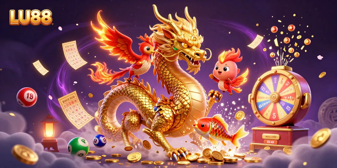 LU88 casino scene featuring a golden dragon, phoenix, and koi fish amidst vibrant lottery elements, ideal for gaming excitement.