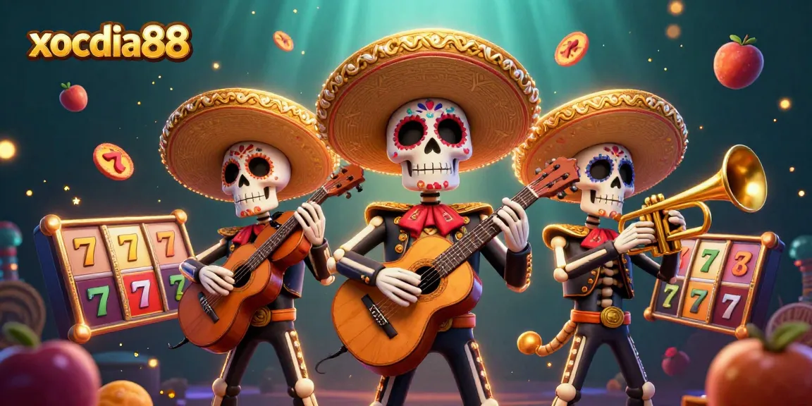 Xocdia88 features a vibrant 3D illustration showcasing a Day of the Dead band amidst slot game elements.