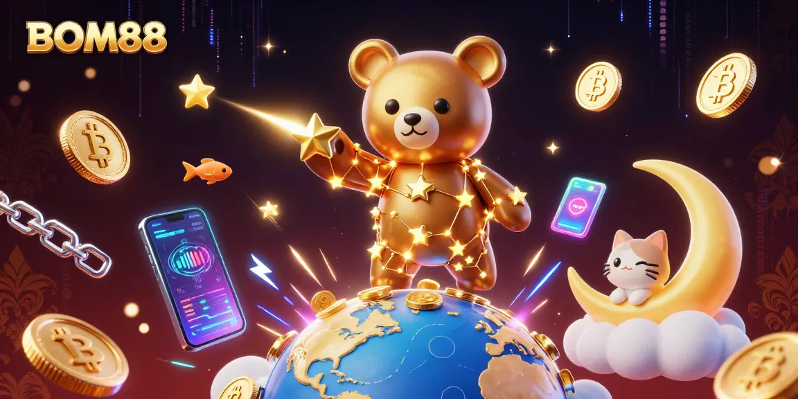 BOM88 offers an enchanting 3D casino scene with a constellation bear, showcasing vibrant gaming elements.