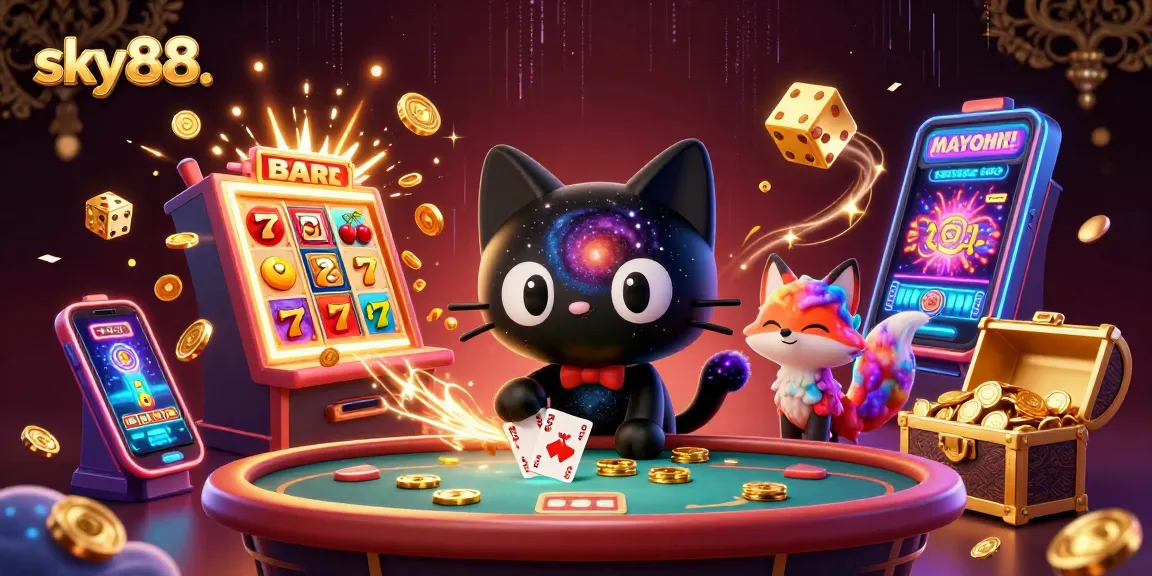 Experience thrilling gameplay at sky88. as the cosmic casino cat captures golden chips and cards!