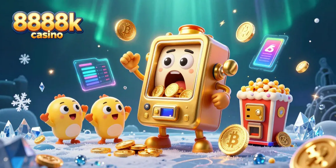 Spin to win at 8888k casino with vibrant slot machine and crypto elements.