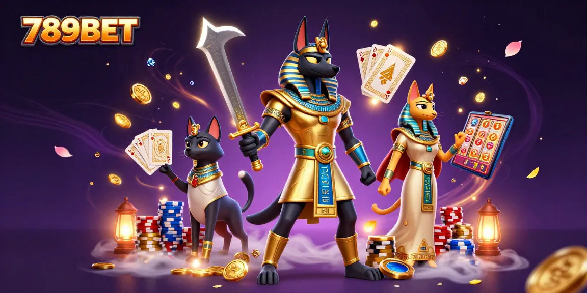 Engage with 789BET's vibrant casino scene, featuring Anubis and Bastet amidst gold coins and cards.