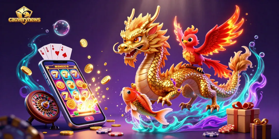 Cauverynews showcases a vibrant 3D casino scene with golden dragon, phoenix, and koi fish celebrating big wins.