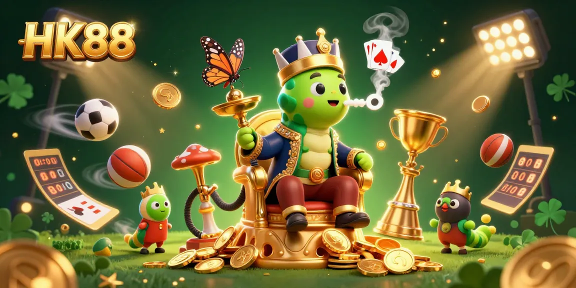 Place bets and win big at HK88, featuring an artistic 3D illustration of a caterpillar in a Turkish outfit amidst sports and casino elements.