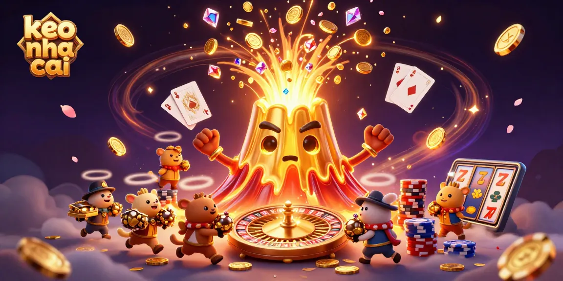 Engage with keo nha cai as a golden volcano unleashes riches, treasure-filled explorers, and dynamic casino visuals.