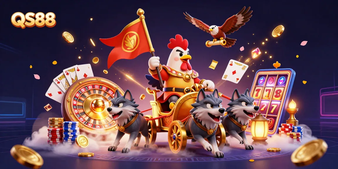 Experience thrilling games at QS88 with a dynamic illustration featuring a rooster warlord and treasures.