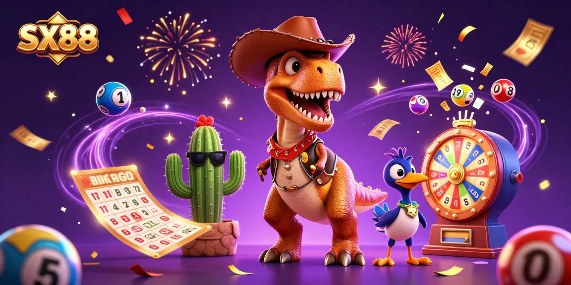 Win big at SX88 with a vibrant 3D scene featuring a dinosaur, cactus, and roadrunner amid lottery excitement.