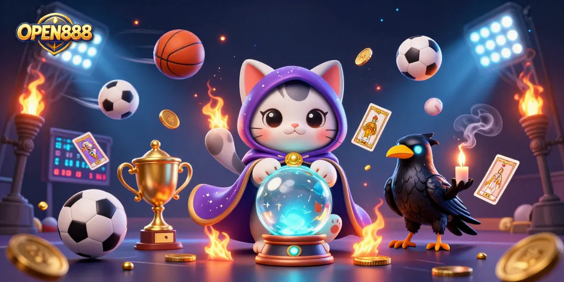 Join the excitement of OPEN888 with a mystical cat and sports-themed elements in a vibrant casino scene.