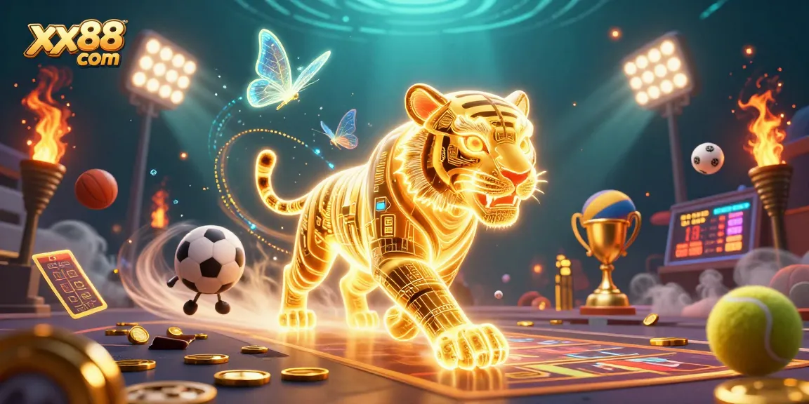 Experience thrilling gaming on xx88 com with a vibrant scene featuring a golden tiger in a dynamic casino