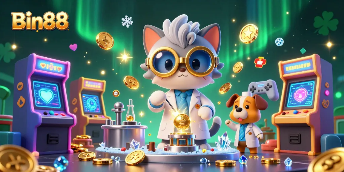 Engage in exhilarating gameplay with Bin88, featuring a 3D cartoon mad scientist and gaming elements.