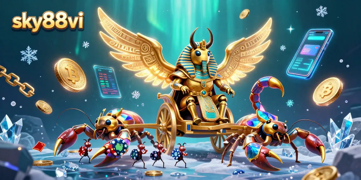 Engage with sky88vi's exciting 3D casino adventure featuring a golden scarab beetle and crypto elements.