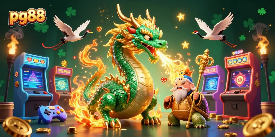 Experience the excitement of pg88 with a dynamic 3D illustration featuring a jade dragon and lucky cranes amidst vibrant casino elements.