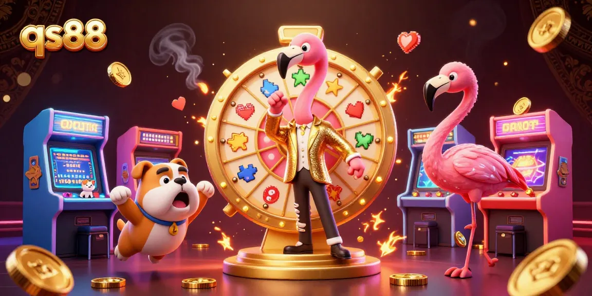 Experience excitement with qs88's vibrant gaming scene featuring a flamingo host, contestant bulldog, and scoreboard cat assistant.