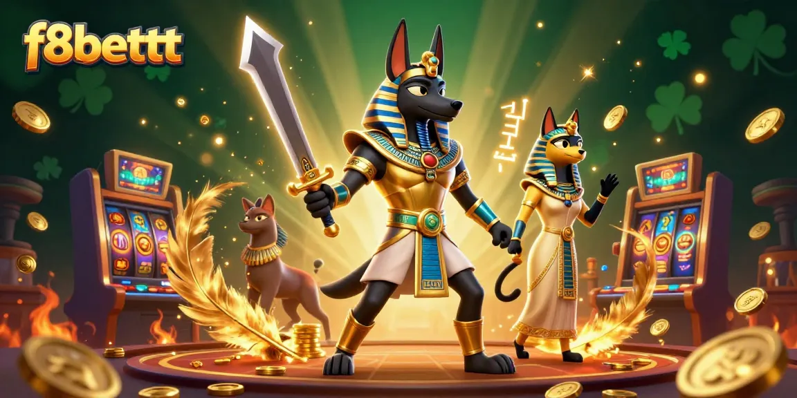 Spin and win with f8bettt at an engaging online casino, featuring Anubis and Bastet amidst dynamic gaming elements.
